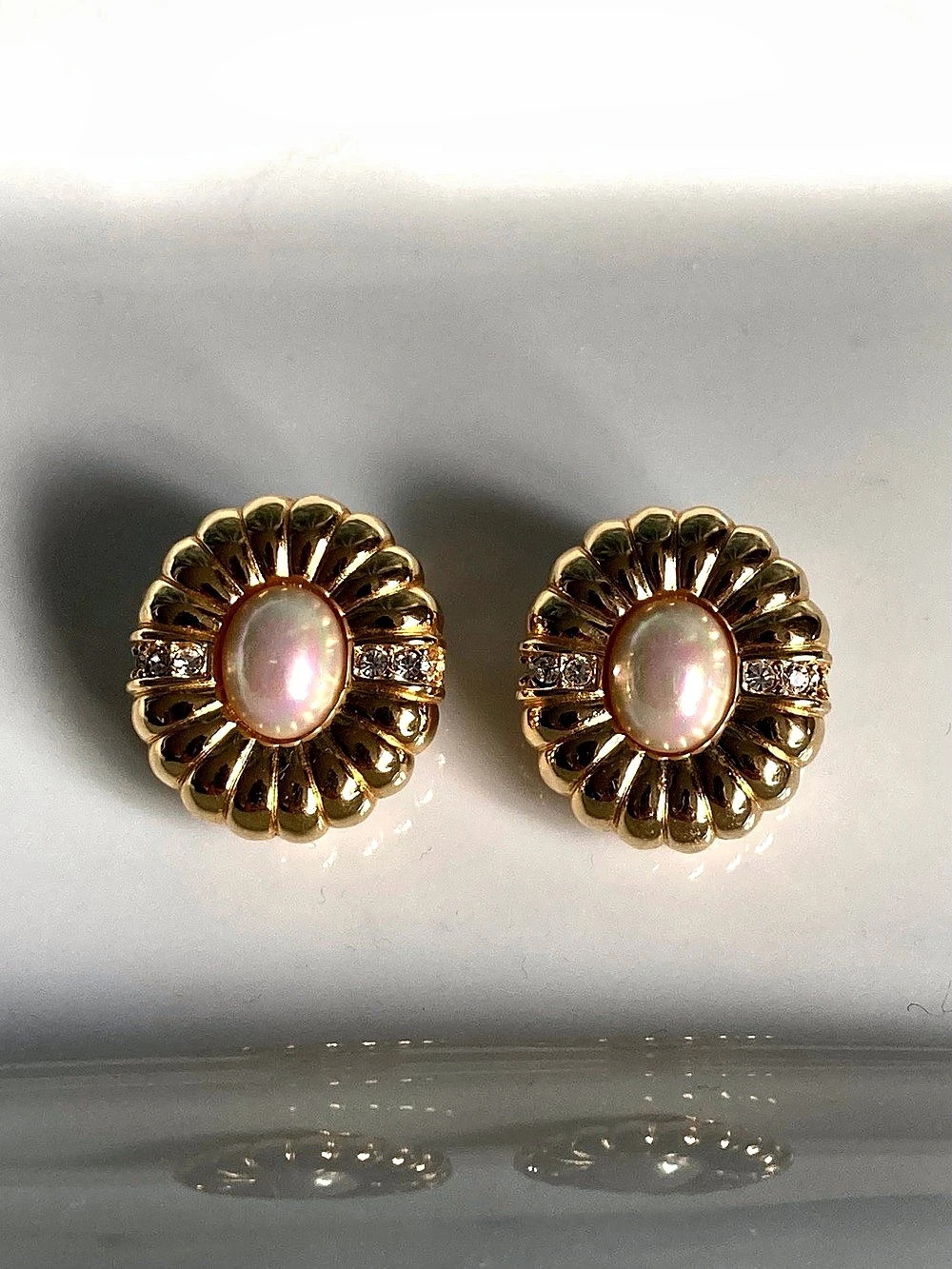 Vintage Christian Dior Faux Mabé Pearl Crystal Fluted Clip-On Earrings Gold